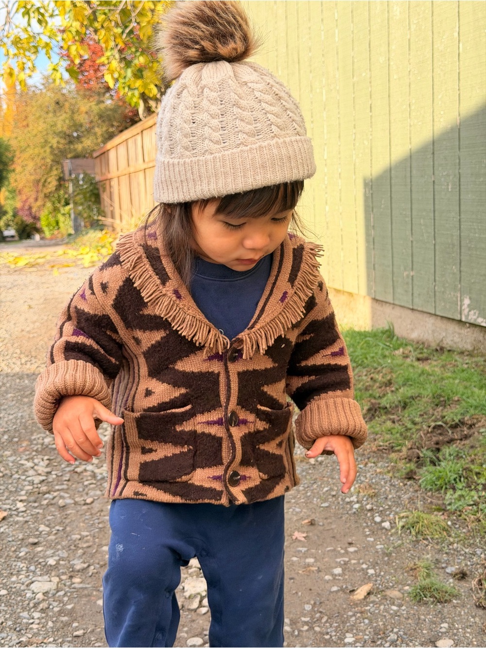 Kids Brown Patterned Fringe Shawl Collar Jacket